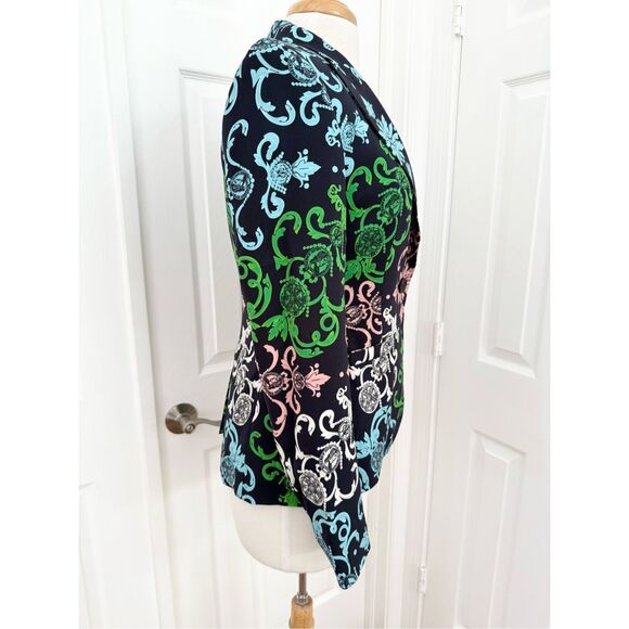Escada Neiman Marcus‎ Coin Navy Blue Floral Silk Blend Blazer Size 36 S - Picture 2 of 8